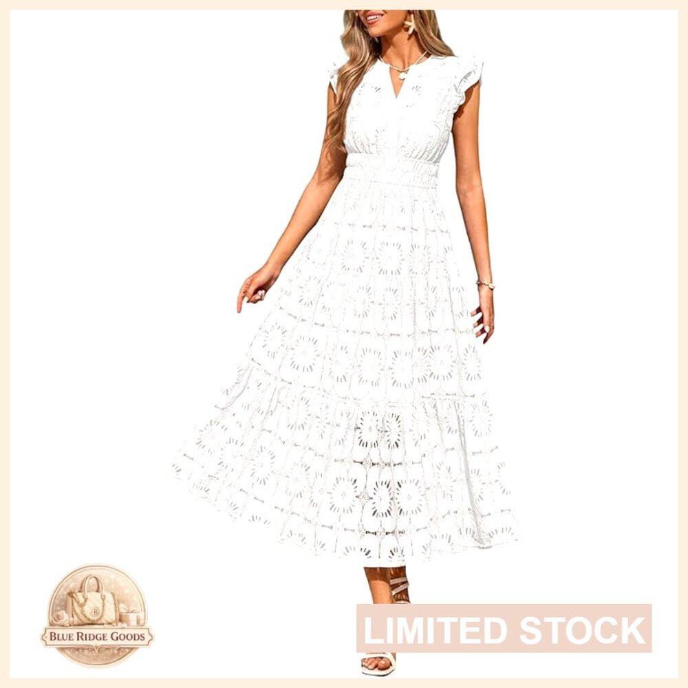 Boho Maxi Dress Floral Lace Eyelet V Neck Fit Flare Wedding Guest Beach